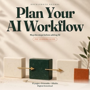 Op de afbeelding: Een digitale PDF-leerhandleiding getiteld Plan Your AI Workflow van Opcelerate Neural. De afbeelding bevat donkergroene tekst, een rode knop en vier steenachtige blokken in wit, groen en oranje, verbonden door dunne gouden pijliconen.