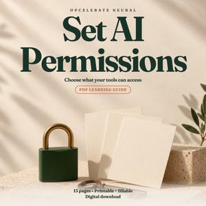 May include: A digital PDF learning guide titled Set AI Permissions, Choose what your tools can access. The graphic features a dark green padlock with a gold shackle, a metal key, and three blank cream-colored cards. Text includes 13 pages, Printable + fillable, Digital download.