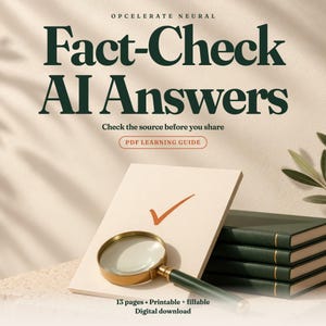 May include: A digital PDF learning guide titled Fact-Check AI Answers with the subtitle Check the source before you share. The document features a magnifying glass resting on a page with an orange checkmark, next to a stack of green books.
