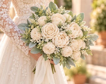 May include: A floral bouquet featuring cream-colored wood flowers, soft green lamb's ear leaves, and delicate white filler sprigs. The arrangement is tied with a long, flowing cream-colored ribbon, creating a rounded, textured display of botanical elements.