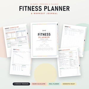 Könnte beinhalten: Ein 33-seitiger, druckbarer und ausfüllbarer Fitnessplaner und Trainingsjournal mit Deckblatt, einem Ganzkörperprogramm für Anfänger, einem Gewichtstracker mit Liniendiagramm, einem Trainingsprotokoll sowie einem Kalorien- und Makrorechner.