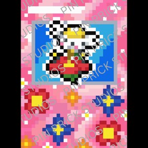 May include: A pixel art illustration featuring a central blue rectangular frame containing a white flower with a yellow center and a red base. The background is a pink grid pattern decorated with scattered red, blue, and orange pixelated flowers.