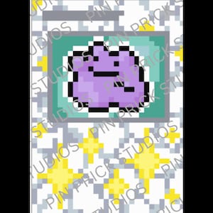 May include: A rectangular enamel pin featuring a pixel art purple blob character with a black outline, centered within a teal frame. The background is a white and gray pixelated pattern decorated with yellow four-pointed pixelated star shapes.
