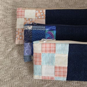 Slim zippered pouch ~ denim and patchwork ~ fully lined pencil pouch ~ makeup bag ~crafters pouch