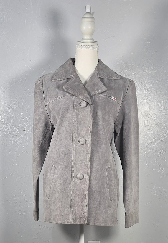Quiksilver, Vintage Roxy Quiksilver Gray Leather Jacket Size L, Y2K Grunge Skater Moto Coat