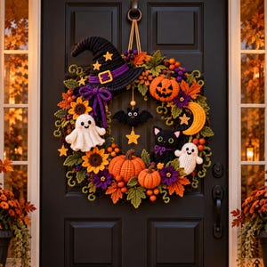 Peut inclure: Une couronne d'Halloween en crochet ornée d'un chapeau de sorcière noir, deux fantômes blancs, un chat noir, deux citrouilles orange, un croissant de lune jaune et une chauve-souris noire suspendue au centre, avec des feuilles, tournesols et baies.