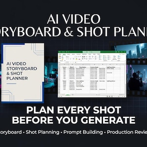 May include: An AI Video Storyboard & Shot Planner digital tool featuring a white document cover with blue accents, a spreadsheet interface with columns for scene details, and film strip frames displaying neon-lit cityscapes and camera equipment.