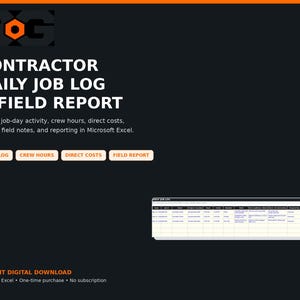 Op de afbeelding: Een digitaal sjabloon voor een dagelijks logboek en veldrapport voor aannemers in Microsoft Excel. De donkere achtergrond bevat de tekst BOG, CONTRACTOR DAILY JOB LOG & FIELD REPORT, en knoppen voor DAILY LOG, CREW HOURS, DIRECT COSTS en FIELD REPORT.