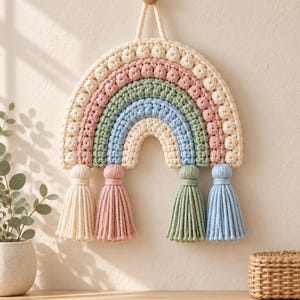 Op de afbeelding: Een wandhanger bestaande uit een gehaakte regenboog met vier concentrische bogen in crème, oudroze, saliegroen en lichtblauw. De bovenste boog heeft een textuur met nopjessteek. Vier bijpassende garenkwastjes hangen aan de onderkant van de regenboog.