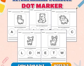 May include: An Autumn Animals Workbook Dot Marker activity set featuring five printable pages with black and white illustrations of a llama, bear, cow, deer, and reindeer. Each page includes spaces for name, date, and letter-based dot activities.