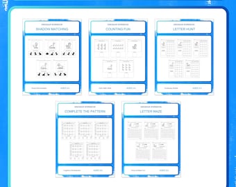 May include: A Dinosaur Workbook 5-in-1 Bundle (Vol. 2) featuring 130 pages across 5 workbooks for ages 3-5. Includes Shadow Matching, Counting Fun, Letter Hunt, Complete the Pattern, and Letter Maze activities with dinosaur graphics.