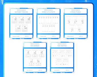 May include: A Dinosaur Workbook 5-in-1 bundle featuring five educational activity sheets titled Alphabet Tracing, Word Cut & Paste, 4-Piece Puzzle, Dot Marker, and Size Sorting. The set includes 130 pages for ages 3-5 with blue borders.