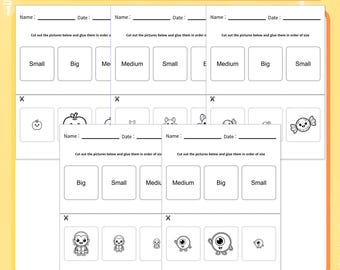 May include: A Halloween workbook for size sorting with pages featuring lines for Name and Date, instructions to cut and glue pictures, and boxes labeled Small, Big, and Medium. The pages include black and white illustrations of candy and monsters.