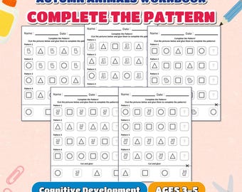 May include: An Autumn Animals Workbook featuring Complete the Pattern activity sheets. Each page includes Name and Date lines, instructions to cut and glue pictures, and four rows of geometric shapes and animal icons to complete sequences.