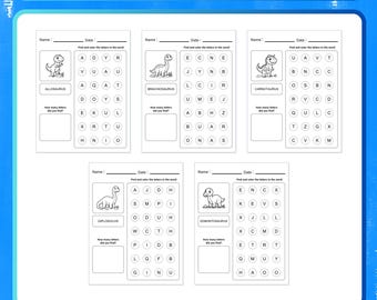 May include: A Dinosaur Workbook Letter Hunt activity sheet set featuring five pages with dinosaur illustrations, letter grids for Allosaurus, Brachiosaurus, Carnotaurus, Diplodocus, and Edontosaurus, plus name, date, and letter count fields.