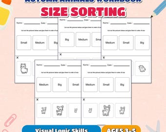 Autumn Animals Size Sorting Preschool Worksheets, Fall Toddler Math Activity, Kindergarten Visual Logic Learning Binder PDF