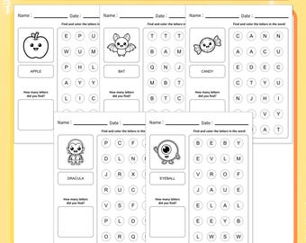 May include: A Halloween workbook titled Letter Hunt featuring vocabulary builder pages for ages 3-5. Each page includes a black and white illustration of an apple, bat, candy, Dracula, or eyeball with letter grids to find and color.