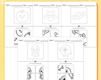 May include: A Halloween workbook 4-piece puzzle activity sheet featuring five black and white coloring pages. Each page includes a name and date line, a central illustration of an apple, bat, candy, vampire, or eyeball, and four cut-out pieces.