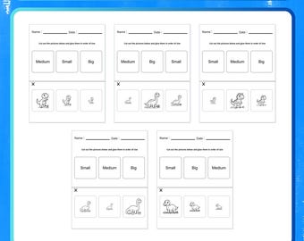 May include: A Dinosaur Workbook Size Sorting activity sheet featuring five individual worksheets. Each page includes spaces for Name and Date, instructions to cut and glue dinosaur illustrations, and boxes labeled Small, Medium, and Big.