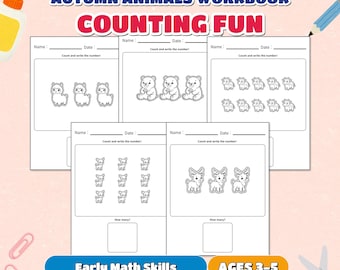May include: An Autumn Animals Workbook titled Counting Fun featuring five activity pages with black and white line art illustrations of llamas, bears, sheep, dogs, and deer for counting exercises. The pages include fields for name, date, and math answers.
