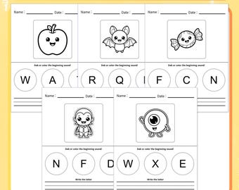 May include: A Halloween workbook dot marker activity set featuring pages with black and white illustrations of an apple, bat, candy, vampire, and cyclops. Each page includes spaces for name and date, plus letter circles for dabbing.