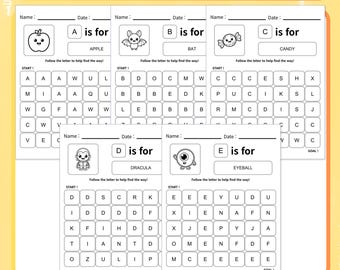 May include: A Halloween workbook titled Letter Maze featuring five educational activity sheets for children. Each page includes a letter, a corresponding illustration, and a grid maze to follow. The text includes Focus & Maze Fun AGES 3-5.