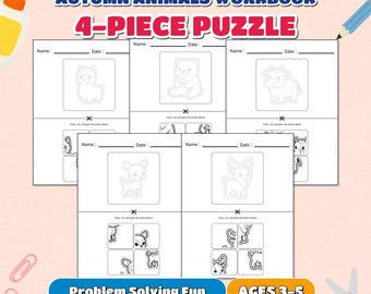 May include: An Autumn Animals Workbook 4-Piece Puzzle activity sheet set featuring black and white line art of a llama, bear, cow, and deer. Each page includes a Name and Date field, a central animal illustration, and a 4-piece puzzle section.