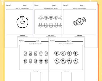 May include: A Halloween workbook titled Counting Fun for ages 3-5, featuring five printable activity pages. Each page includes spaces for name and date, with black and white illustrations of apples, bats, candy, monsters, and eyeballs to count.