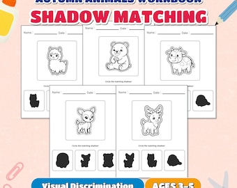 May include: An Autumn Animals Workbook shadow matching activity sheet featuring five pages with black and white illustrations of a llama, bear, cow, deer, and reindeer. Each page includes spaces for a name and date, plus shadow matching exercises.
