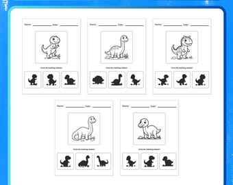 May include: A Dinosaur Workbook Shadow Matching activity sheet for ages 3-5. The page features five individual worksheets with black and white line drawings of dinosaurs and three shadow silhouettes below each, with the instruction to circle the matching shadow.