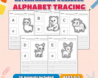Autumn Animals Alphabet Tracing Preschool Worksheets, Fall Toddler Handwriting Practice, Kindergarten Letter Learning Binder PDF