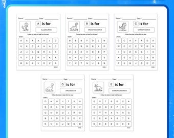 May include: A dinosaur workbook titled Letter Maze featuring five educational activity sheets for letters A through E. Each page includes a dinosaur illustration, a letter-based maze, and spaces for a name and date. The text reads Focus & Maze Fun AGES 3-5.