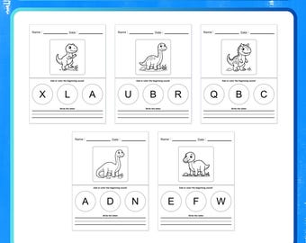 May include: A Dinosaur Workbook Dot Marker activity set for ages 3-5. The pages feature black and white dinosaur illustrations, spaces for name and date, and letter-based exercises with circles for dabbing or coloring the beginning sounds.