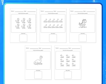 May include: A Dinosaur Workbook titled Counting Fun for ages 3-5, featuring five black and white activity pages. Each page includes spaces for a name and date, dinosaur illustrations to count, and a box to write the total number.