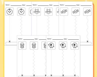 May include: A Halloween workbook titled Word Cut & Paste featuring fine motor activity sheets for ages 3-5. The pages include black and white illustrations of apples, bats, candy, Dracula, and eyeballs with dotted lines for cutting practice.