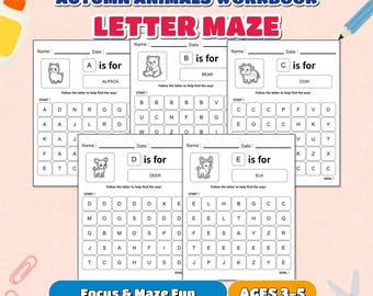 May include: A set of five educational worksheets titled Autumn Animals Workbook Letter Maze. Each page features a letter from A to E, an animal illustration, and a grid-based maze for children to follow the letter to reach the goal.
