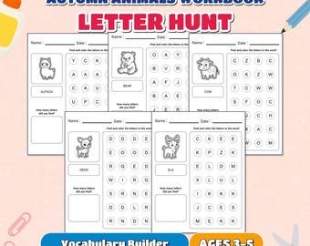 May include: An Autumn Animals Workbook Letter Hunt activity set featuring five worksheets with animal illustrations including an alpaca, bear, cow, deer, and elk. Each page includes a letter grid, a name and date field, and a vocabulary builder section.