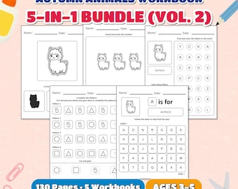 May include: An Autumn Animals Workbook 5-in-1 bundle featuring 130 pages for ages 3-5. The educational set includes five printable worksheets with alpaca illustrations, letter recognition activities, pattern completion tasks, and mazes.