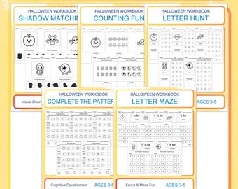 May include: A Halloween workbook 5-in-1 bundle, volume 2, featuring 130 pages across five workbooks for ages 3-5. Includes Shadow Matching, Counting Fun, Letter Hunt, Complete the Pattern, and Letter Maze activities with black and white graphics.