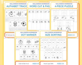 May include: A Halloween workbook 5-in-1 bundle for ages 3-5, containing 130 pages across five workbooks: Alphabet Tracing, Word Cut & Paste, 4-Piece Puzzle, Dot Marker, and Size Sorting, featuring black and white illustrations of holiday icons.