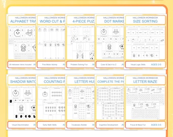 May include: A 10-in-1 Halloween workbook mega bundle featuring 260 pages of educational activities for ages 3-5. The collection includes alphabet tracing, word cutting, puzzles, dot markers, size sorting, shadow matching, counting, and letter mazes.
