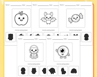 May include: A Halloween workbook for shadow matching with five activity pages. Each page features a black and white illustration of an apple, bat, candy, vampire, or cyclops, with a prompt to circle the matching shadow from three options.