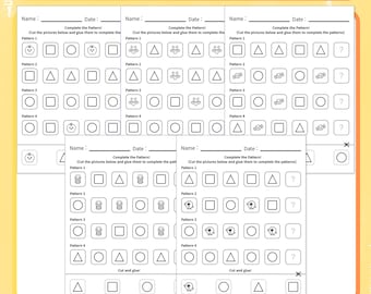 May include: A Halloween workbook titled Complete the Pattern with pages for ages 3-5. The worksheets feature black and white grids with shapes and icons like pumpkins, bats, and candy, requiring users to cut and glue items to finish sequences.