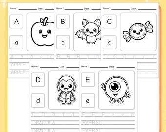 May include: A Halloween workbook for alphabet tracing featuring pages with letters A through E. Each page includes uppercase and lowercase letters, a corresponding illustration like an apple, bat, candy, vampire, or eyeball, and tracing lines.