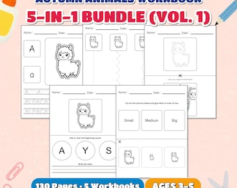 May include: An Autumn Animals Workbook 5-in-1 Bundle Vol. 1 featuring 130 pages for ages 3-5. The worksheets include alpaca illustrations, letter tracing, cutting activities, and size sorting exercises with clear instructions and lines for names and dates.