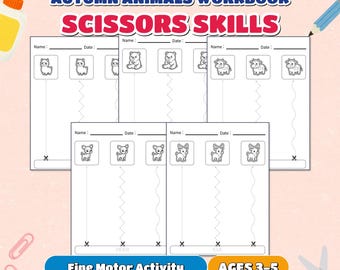 May include: Autumn Animals Workbook Scissors Skills fine motor activity pages for ages 3-5. The white paper sheets feature black line drawings of animals like bears, deer, and elk with dotted cutting lines and name and date fields.