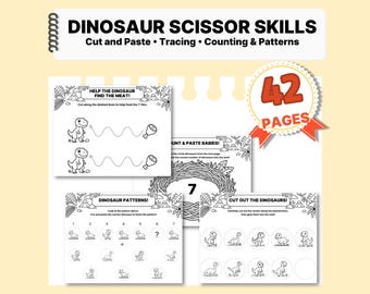 May include: A 42-page Dinosaur Scissor Skills activity set featuring black and white worksheets for cutting, pasting, tracing, counting, and patterns. The pages include dinosaur illustrations, dashed lines, and text like Help the Dinosaur Find the Meat.