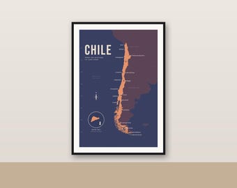Chile-Karte im Sonnenuntergang, illustriertes Chile-Poster, Chile-Wandbild, Reisekarte aus der Mitte des 20. Jahrhunderts, zum Ausdrucken