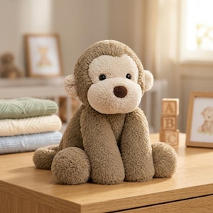 May include: A plush monkey toy with soft, textured brown fur and a lighter beige face. The stuffed animal features small rounded ears, a dark brown nose, and black eyes, sitting in an upright position with its arms resting at its sides.