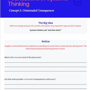 Pode incluir: Uma folha de exercícios educativa branca intitulada Foundations of Systems Thinking, Concept 5: Unintended Consequences. Inclui um cabeçalho azul, uma secção Big Idea, um cenário Notice sobre a proibição de telemóveis e linhas em branco.
